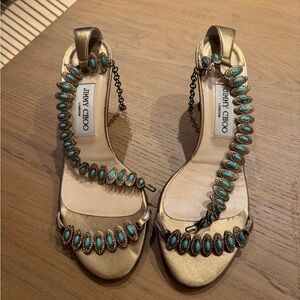 Jimmy Choo Gold Heels with Turquoise Accents